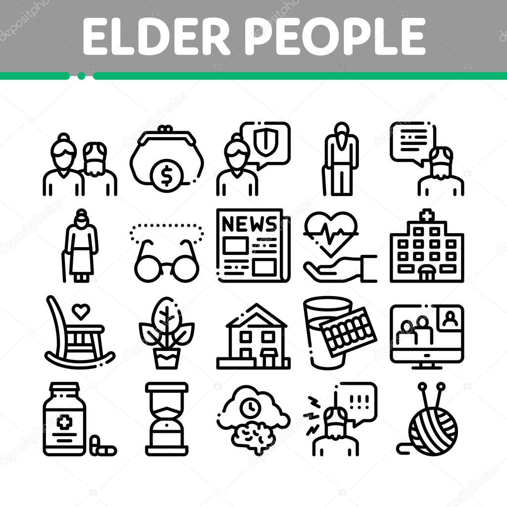 Elder People Pensioner Collection Icons Set Vector Thin Line. Medicine Pills For Elder People, Glasses, Hospital, Newspaper And Plant Concept Linear Pictograms. Monochrome Contour Illustrations