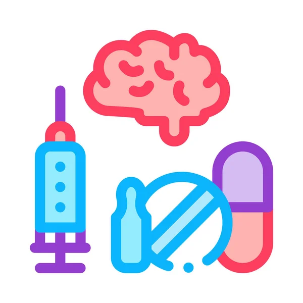 Cerebro, jeringa y píldoras Icono Esquema Ilustración — Vector de stock