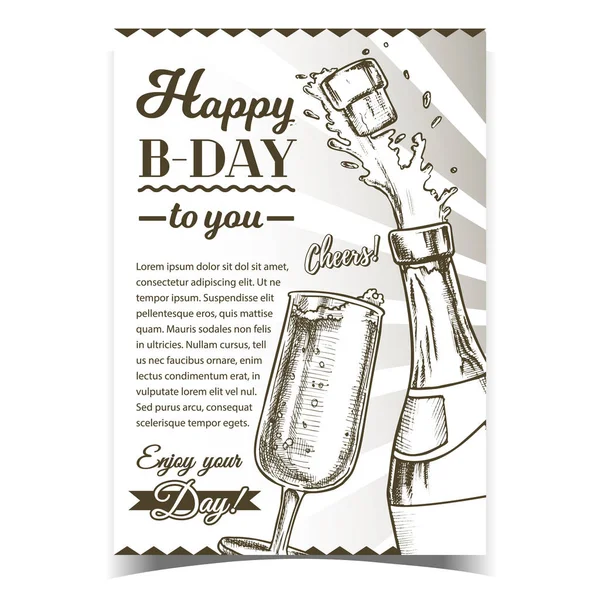 Happy B-day Champagne Congratulation Poster Vector — Stock Vector