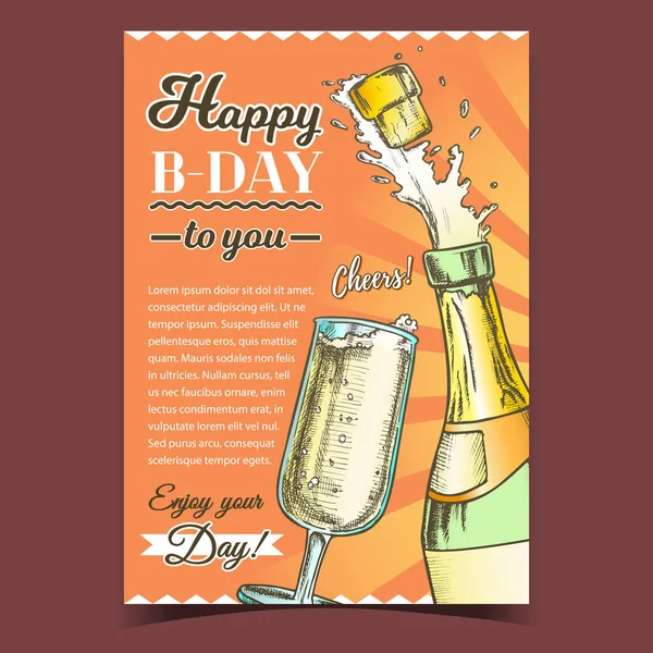 Happy B-day Champagne Congratulation Poster Vector — Stock Vector