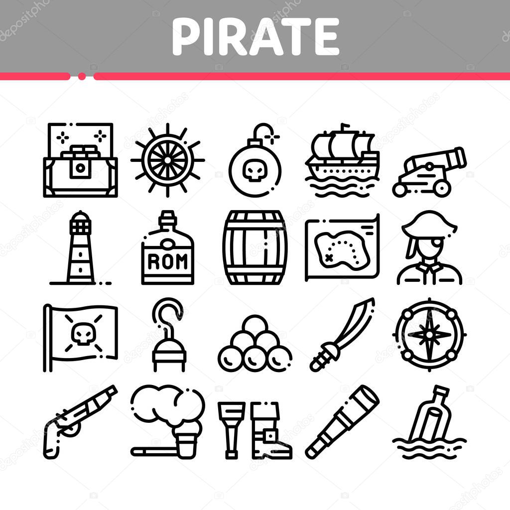 Pirate Sea Bandit Tool Collection Icons Set Vector Thin Line. Pirate Saber And Spyglass, Steering Rudder, Crossed Bones And Skull Flag Concept Linear Pictograms. Monochrome Contour Illustrations