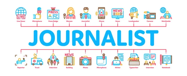 Periodista Reportero Infografía Mínima Banner Vector — Archivo Imágenes Vectoriales