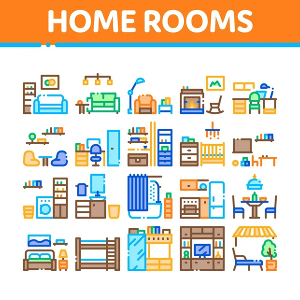 Home Rooms Furniture Collection Icons Set Vector — 스톡 벡터