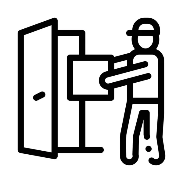Courier with Box Enters Door Icon Vector Outline Illustration — Stock Vector