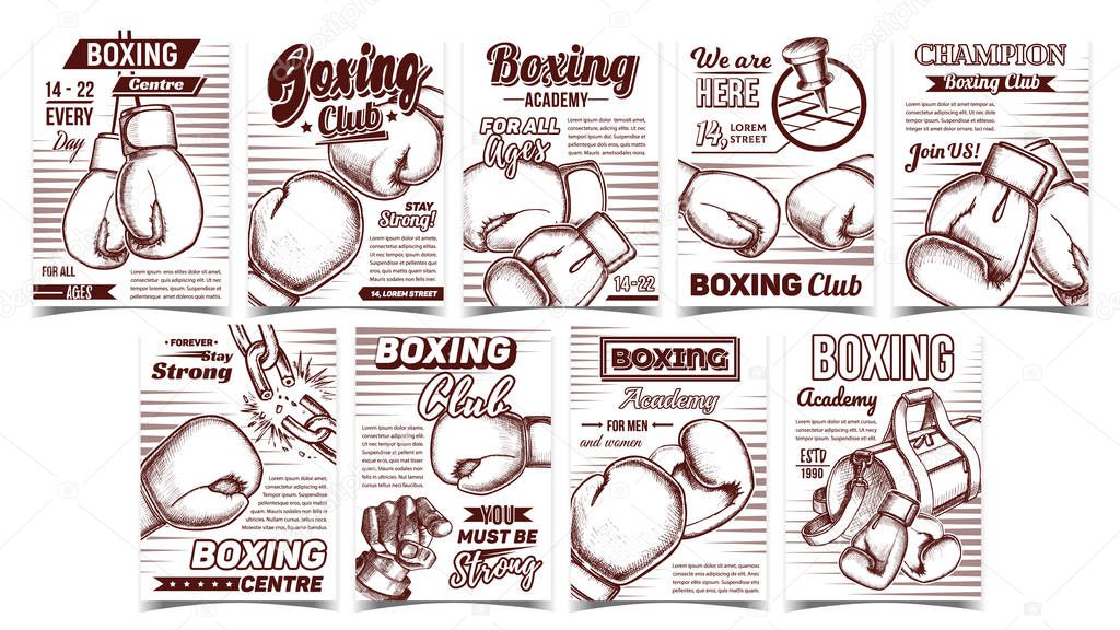 Boxing Club Academy Advertising Posters Set Vector
