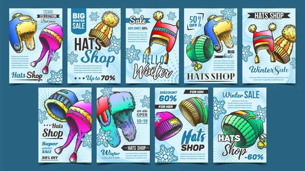 Hats Shop Winter Sale Advertise Banner Set Vector — ストックベクタ