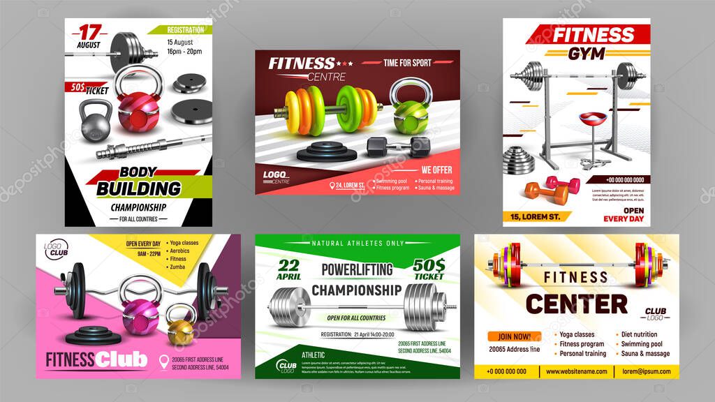 Fitness Club Sport Advertise Banners Set Vector Collection Posters With Barbells Kettlebells And Dumbbells Equipment For Strong Muscles Gym Powerlifting Tools Template Realistic 3d Illustrations Premium Vector In Adobe Illustrator Ai