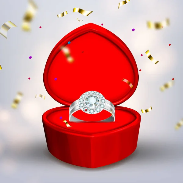 Anillo de plata de diamante en forma de vector de caja de corazón — Vector de stock