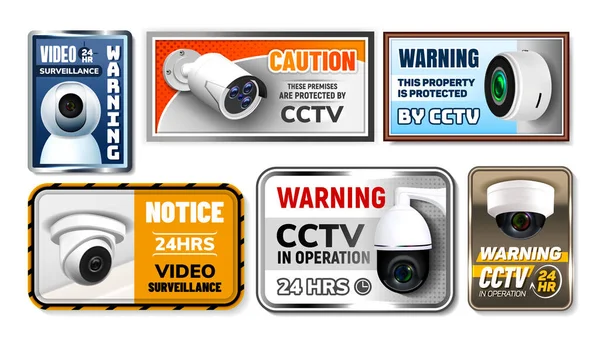 Dikkat CcTV İsim Plakalarını Koru Vektörü Ayarla — Stok Vektör