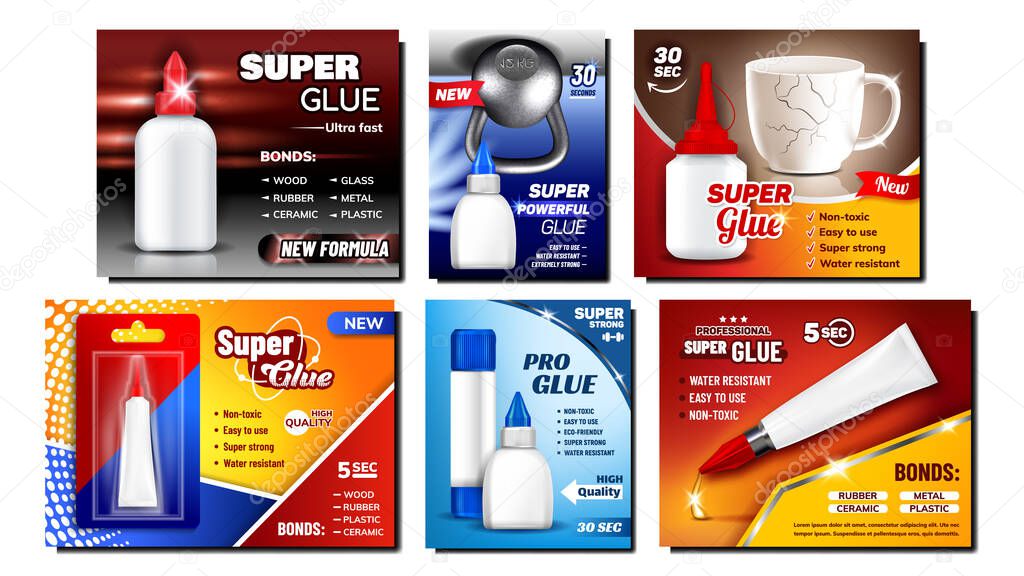 Super Glue Creative Advertising Banners Set Vector