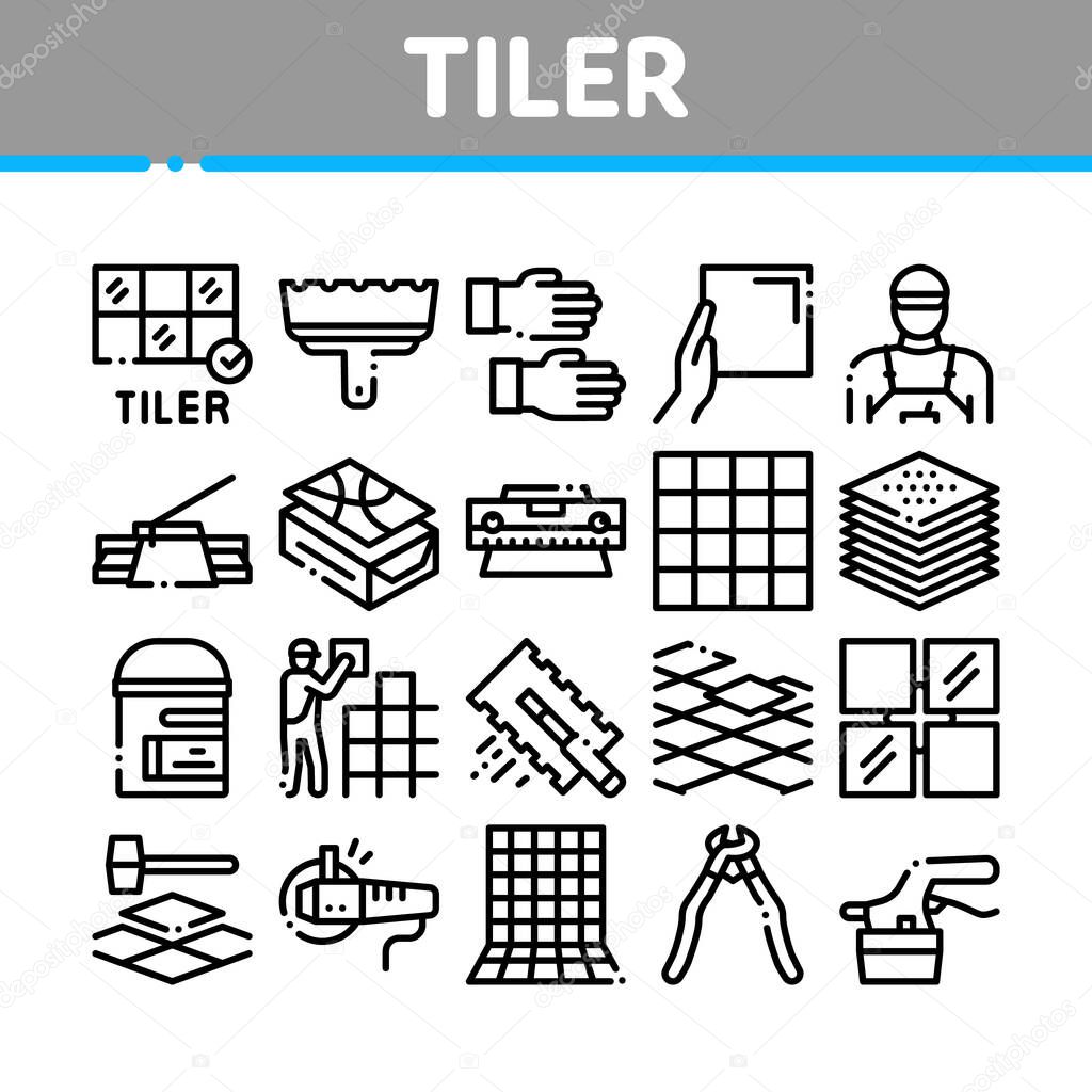 Tiler Work Equipment Collection Icons Set Vector