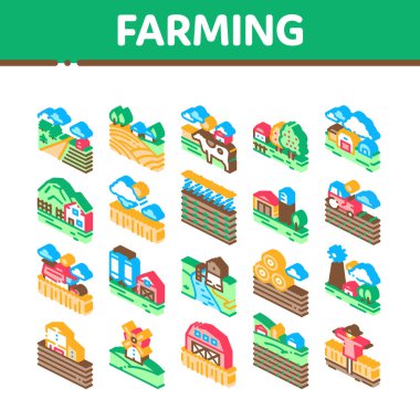 Çiftçilik Peyzajı Isometric Simgeleri Vektörü Ayarla