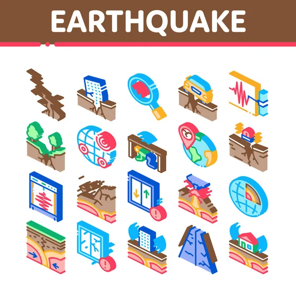 Isometrische Symbole für Erdbebenkatastrophen setzen Vektor — Stockvektor