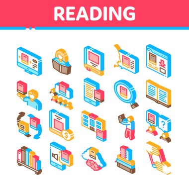 Kütüphane Kitabı Okunuyor Isometric Simgeleri Ayarlama Vektörü