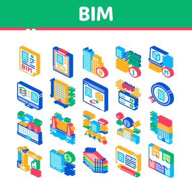 Bim Bina Bilgileri Modelleme Isometric Simgeleri Vektörü Ayarladı