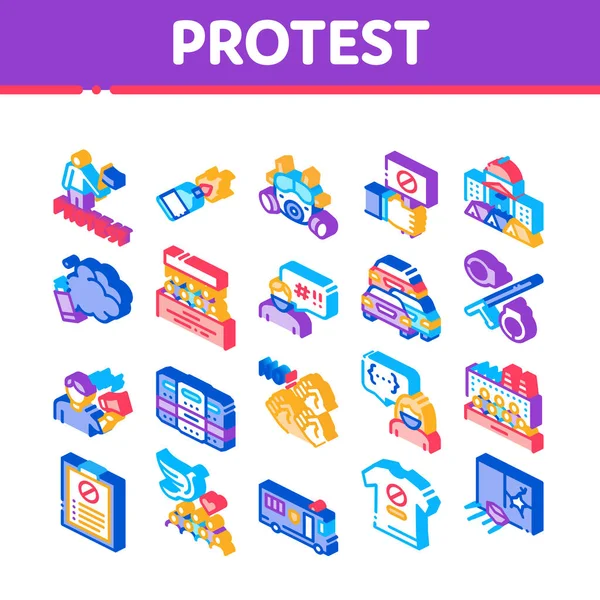 Protesto e greve ícones isométricos conjunto vetor — Vetor de Stock