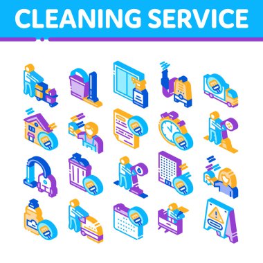 Temizlik Hizmeti Aracı Isometric Simgeleri Vektörü Ayarla
