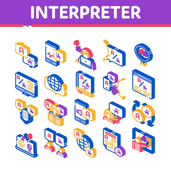 Intérprete Traductor Íconos isométricos Set Vector — Archivo Imágenes Vectoriales