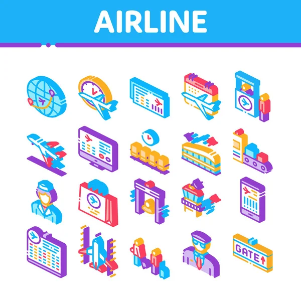Vector de conjunto de iconos isométricos de aerolíneas y aeropuertos — Archivo Imágenes Vectoriales