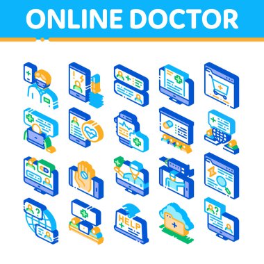 Çevrimiçi Doktor Tavsiyesi Isometric Simgeleri Vektörü Ayarla