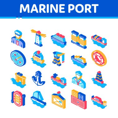 Deniz Limanı Taşımacılığı Isometric Simgeleri Vektörü Ayarladı