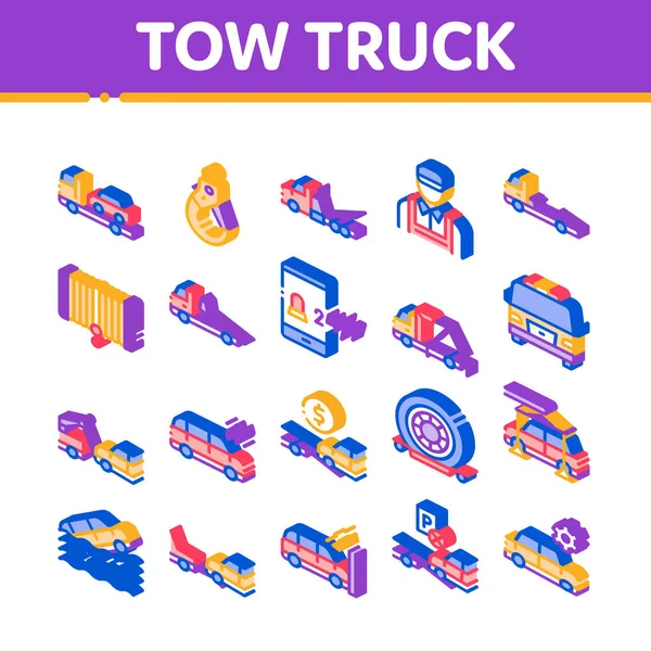 Tow Truck Transport Izometrické ikony Nastavit vektor — Stockový vektor
