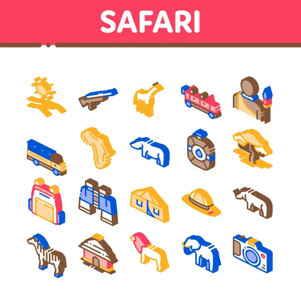 Safari Viajes Elementos isométricos Iconos Set Vector — Vector de stock