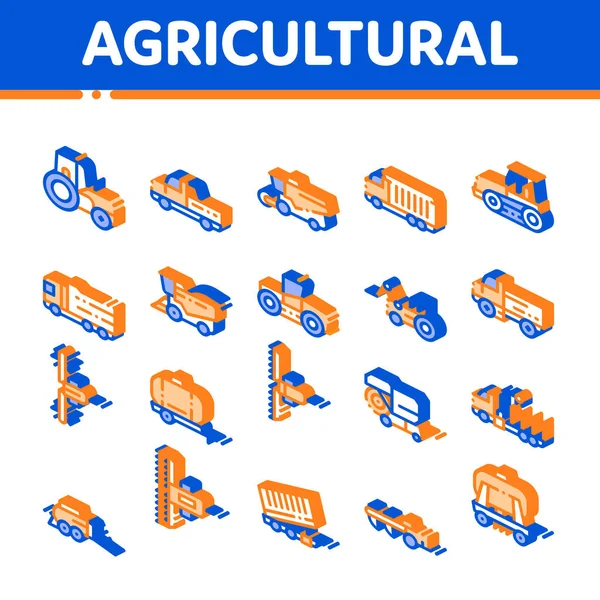 Landwirtschaftliche Fahrzeuge Vektor Isometrische Symbole Set — Stockvektor