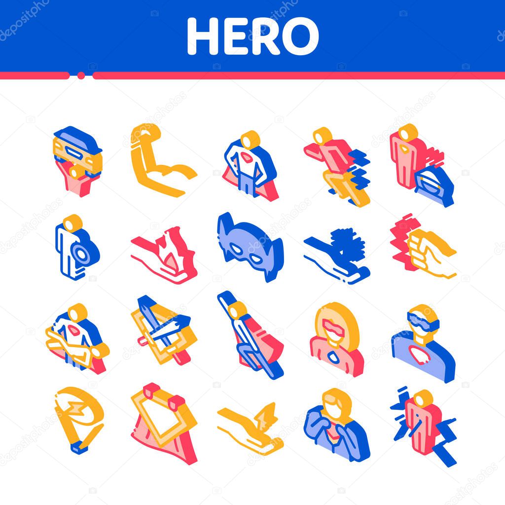 Super Hero Isometric Elements Icons Set Vector
