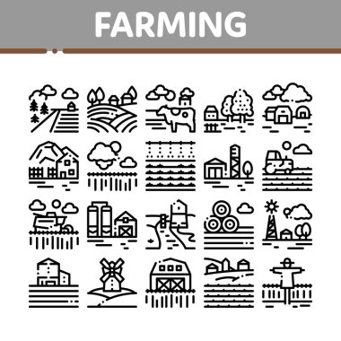 Çiftçilik Peyzaj Koleksiyonu Simgeleri Vektörü Ayarla