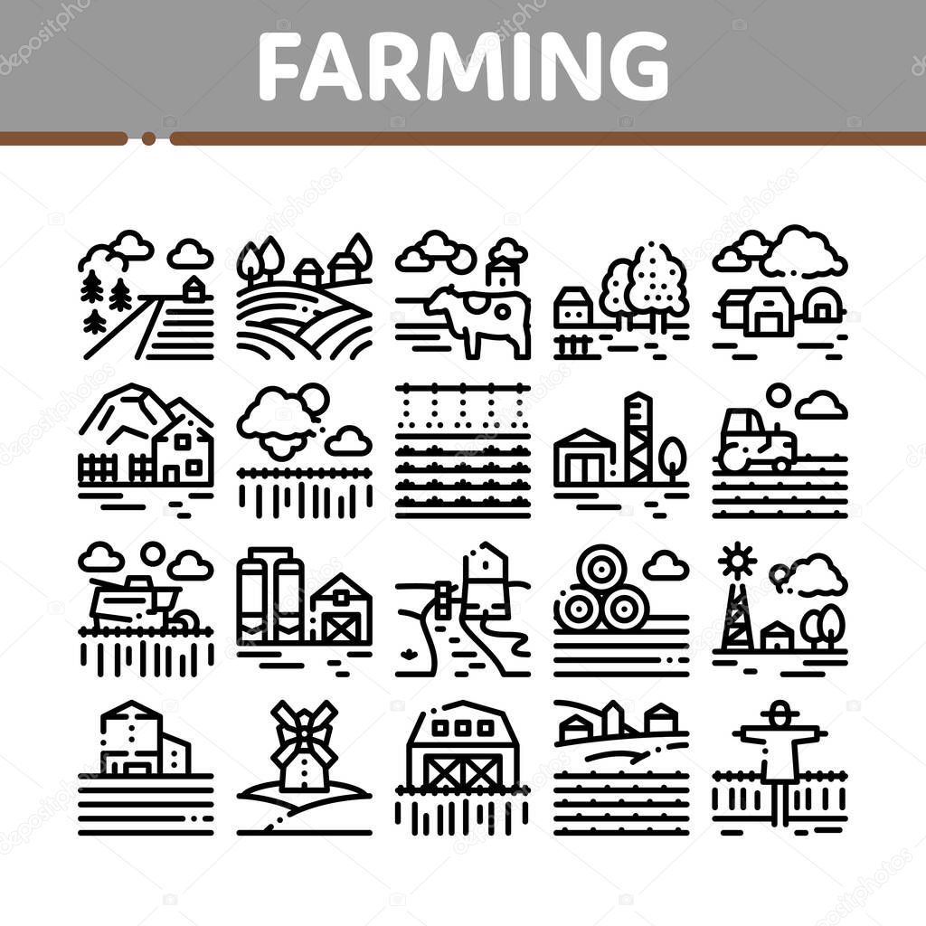 Farming Landscape Collection Icons Set Vector. Farming Field And Barn Construction, Mill And Scarecrow, Tractor And Cow Farm Animal Concept Linear Pictograms. Monochrome Contour Illustrations