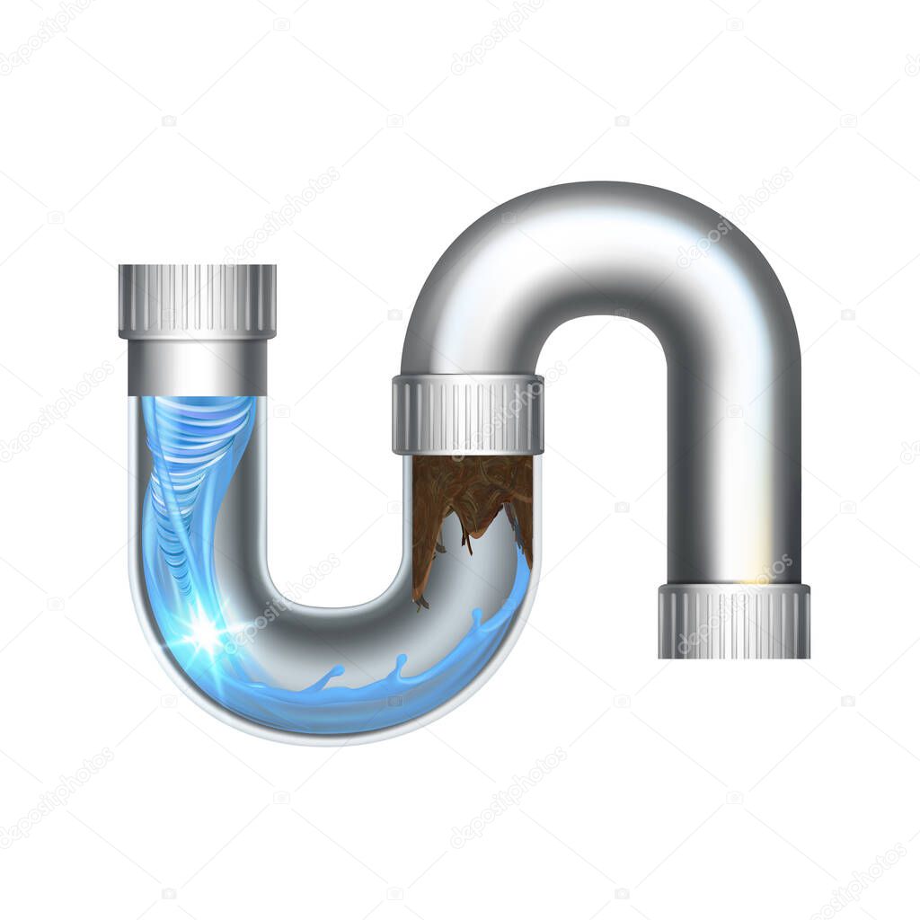 Clogged In Water Bathroom Pipe And Cleaning Vector