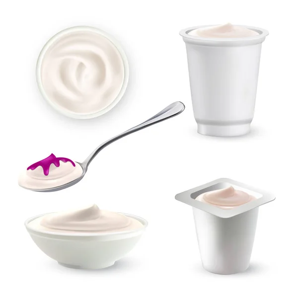 Jogurt mleczny śmietanka śniadanie deser zestaw wektor — Wektor stockowy