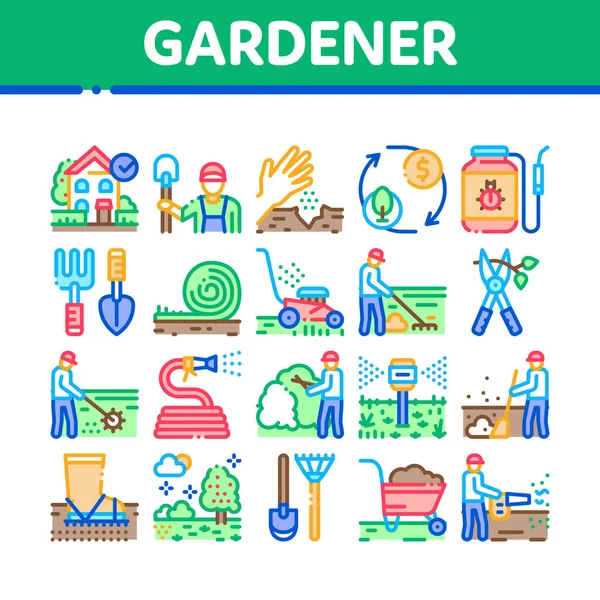 Jardinero Trabajador Instrumento Iconos Conjunto Vectores Pala Jardinero Rastrillo Cortacésped — Vector de stock