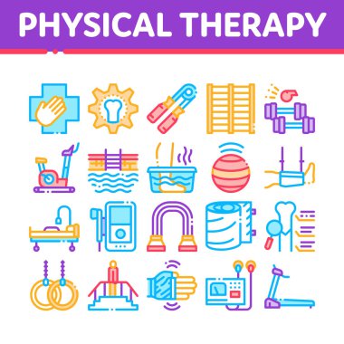 Fizik Terapi ve Kurtarma Simgeleri Vektörü Ayarladı. Koşu bandı ve egzersiz bisikleti, dambıllar ve fiziksel terapi için top ekipmanları doğrusal konsept piktogramlar. Renk Resimleri