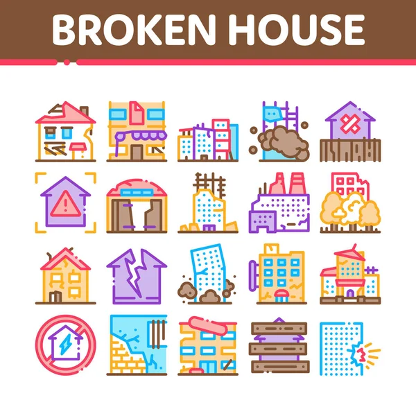 Broken House Building Collection Icons Set Vektor Abgestürztes Und Verlassenes — Stockvektor