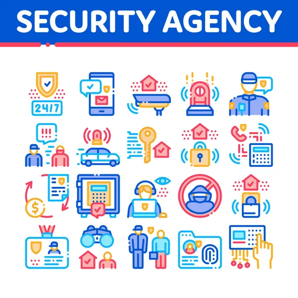 Security Agencyプロパティアイコンセットベクトルを保護します セキュリティ代理店サービスビデオ監視Cctvとアラーム信号で車 安全とバッジコンセプトリニアピクトグラム カラーイラスト — ストックベクタ