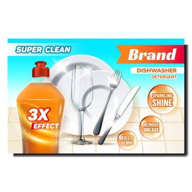 Bulaşık deterjanı Reklam Vektörü. Deterjan Sıvısı Boş Şişe, Tabak, Şarap Cam, Çatal ve Bıçak Mutfağı Parlak Promosyon Posteri. Renk Konsepti Şablon İllüstrasyonu