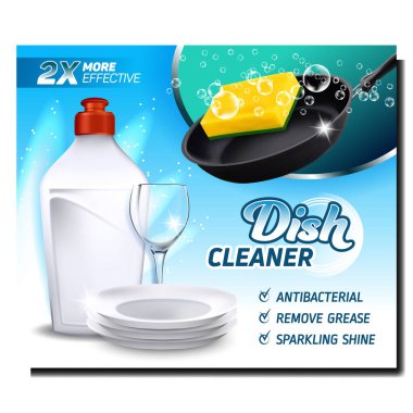 Bulaşık Temizleyici Deterjan Tanıtım Posteri Vektörü. Deterjan Boş Şişe, Tabak, Şarap Kadehi, Bubbles Kitchenware Reklam Sancağıyla Sünger Yıkama Tavası. Renkli Kavram Düzeni Çizimi
