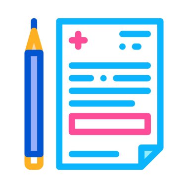 Tıbbi reçete ve kalem ikonu vektörü. Tıbbi reçete ve kalem işareti. renk sembolü çizimi