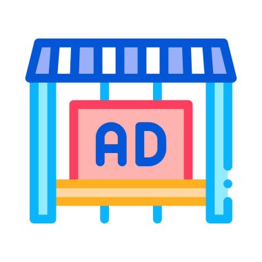 Tezgah ikon vektöründe reklam. Tezgahtarın tabelasında reklam. renk sembolü çizimi