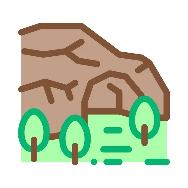 Горная пещера среди векторных набросков иконок леса — стоковый вектор