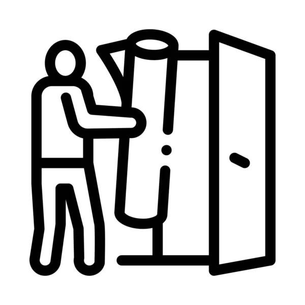 Hombre trayendo alfombra a icono de apartamento esquema ilustración — Vector de stock