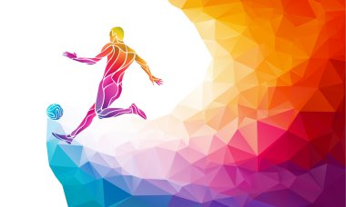 Creative silhouette of soccer player. Football player kicks the ball in trendy abstract colorful polygon style with rainbow back vector Creative silhouette of soccer player. Football player kicks the ball in trendy abstract colorful polygon style with rainbow back vector