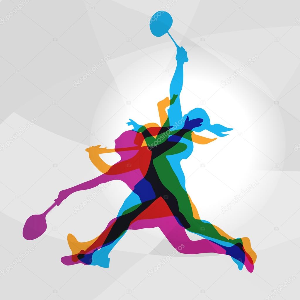 Modern Badminton Female Players In Action Logo. Color silhouettes of badminton players, sports poster background. Vector eps 10