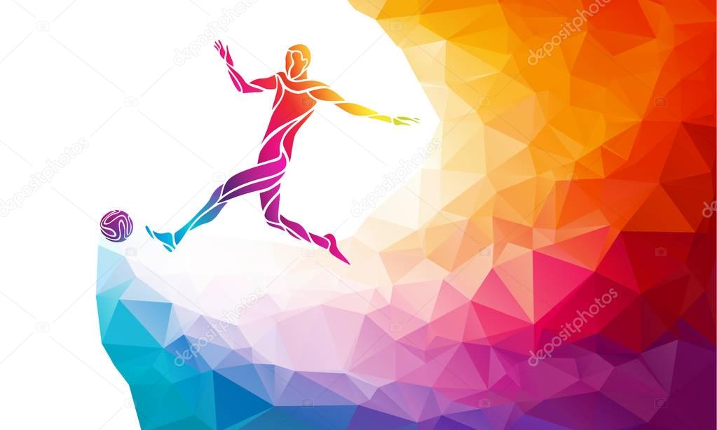 Soccer player. Footballer kicks the ball in trendy abstract colorful polygon style with rainbow back