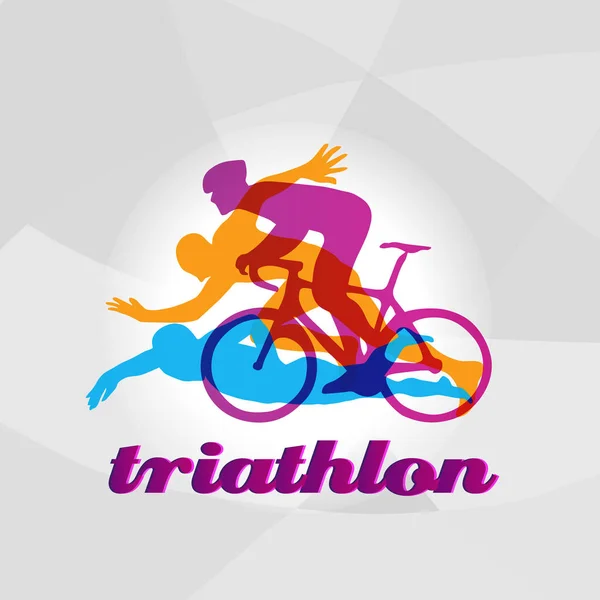 Color flat logo triathlon. Vector figures triathletes — Stock Vector