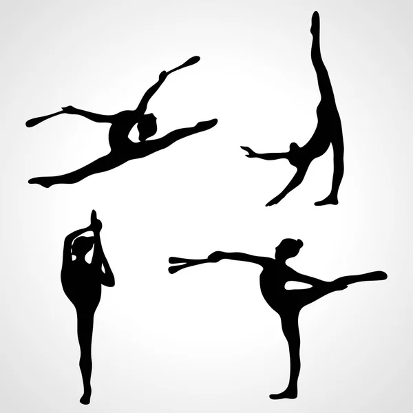 Gadis senam dengan koleksi klub siluet. Art gymnastics vector set - Stok Vektor