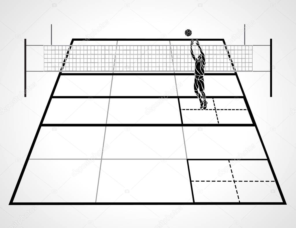Volleyball court with perspective, setter player and ball, vector