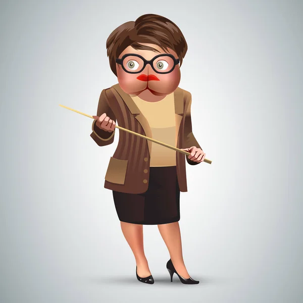 Old female teacher holding a pointer with head looking like ass — Stockvector